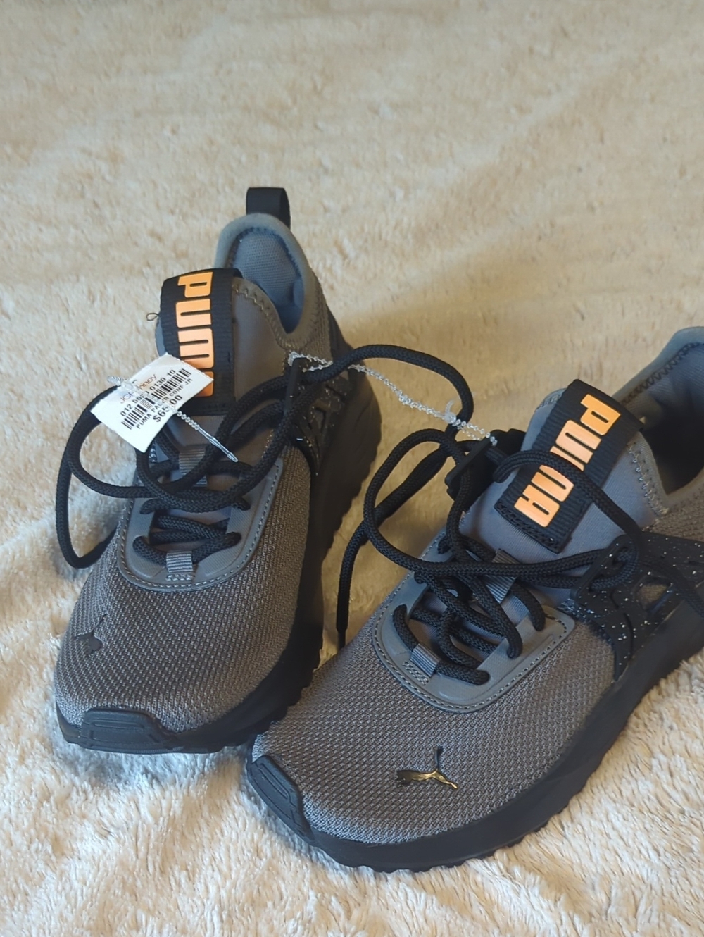Puma Kids Gray Mesh Sneakers with Black Soles and Orange Logo Tab